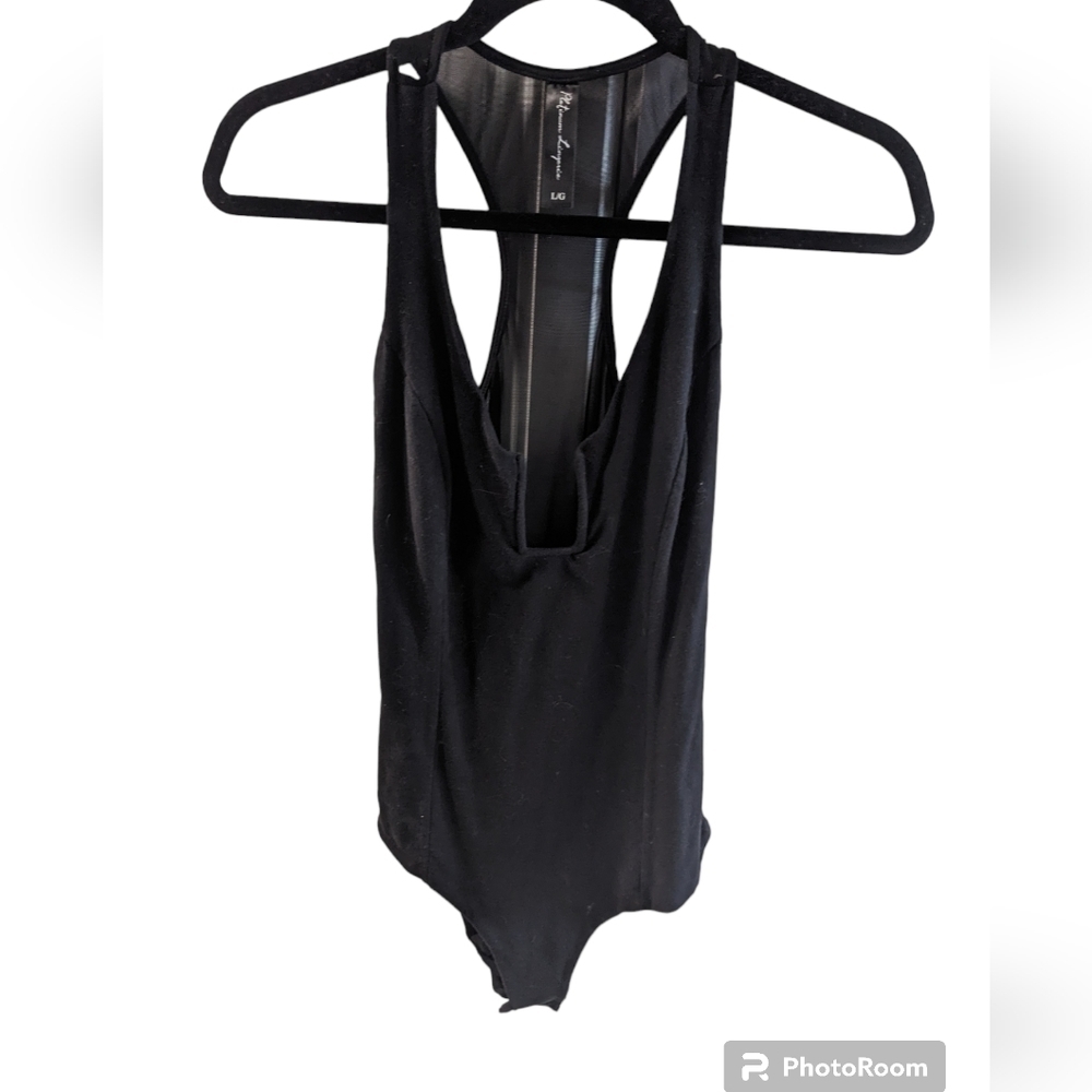 Platinum lingerie body suit metal straps black size L. Sheer in back